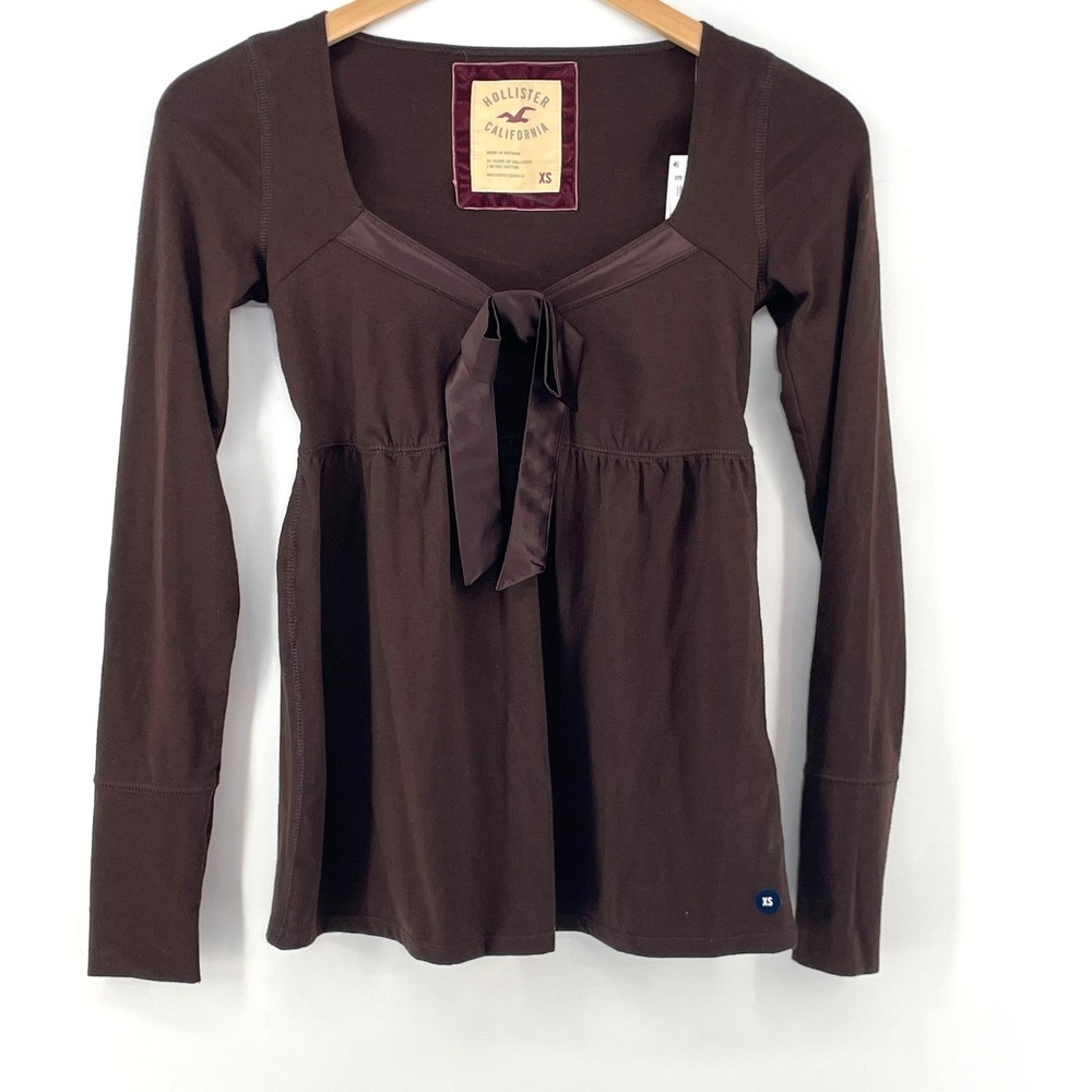 Hollister Babydoll Top Womens XS Brown Satin Tie Front Knit Y2K Preppy  NEW